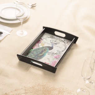 Peacock and spring flowers serving tray