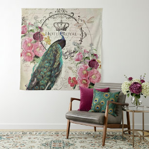 Peacock and spring flowers tapestry