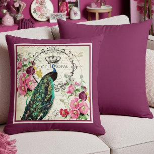 Peacock and spring flowers throw pillow