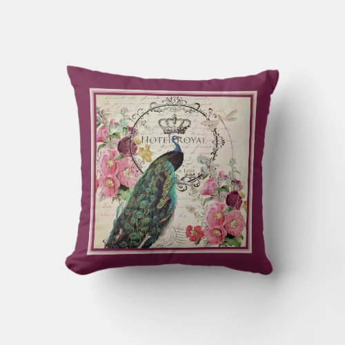 Peacock and spring flowers throw pillow