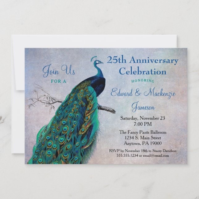 Peacock Anniversary Invitation Vintage Blue Bird (Front)
