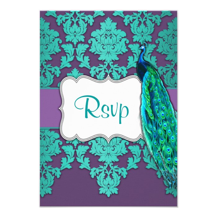 Peacock Aqua & Purple Damask Wedding RSVP Cards Custom Invitations