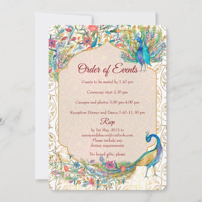 Peacock Arabian pattern Indian wedding details Invitation (Front)