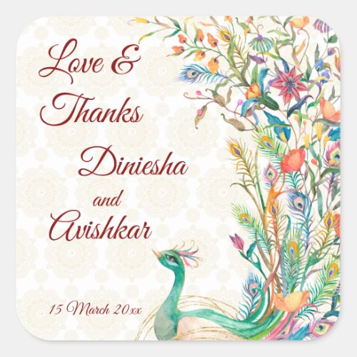 Peacock Arabian pattern Indian wedding favour gift Square Sticker