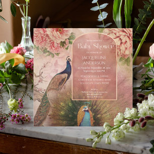 Peacock Arch Blush Pink Peony Flower Baby Shower Invitation