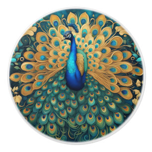 Peacock Art Nouveau Art Deco Turquoise & Gold Ceramic Knob