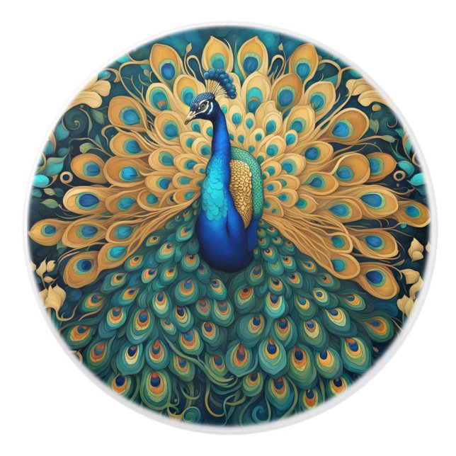 Peacock Art Nouveau Art Deco Turquoise & Gold Ceramic Knob (Front)