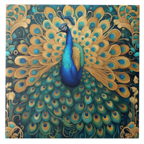 Peacock Art Nouveau Art Deco Turquoise  Gold Ceramic Tile