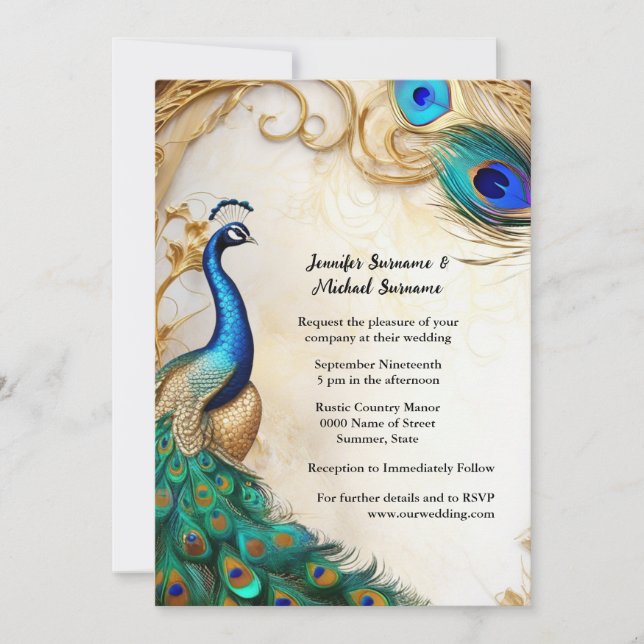 Peacock art nouveau feathers luxury Indian bird Invitation (Front)