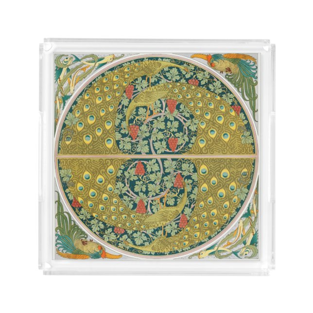 Peacock Art Nouveau Style round intricate design Acrylic Tray (Front)