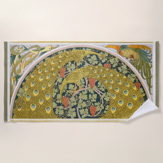 Peacock Art Nouveau Style round intricate design Beach Towel (Front)