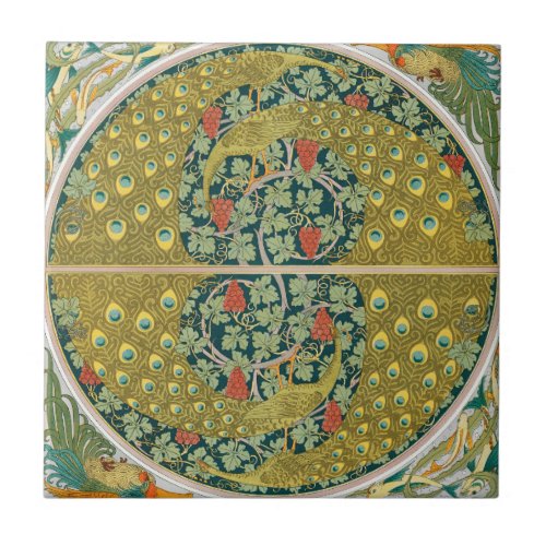 Peacock Art Nouveau Style round intricate design Ceramic Tile