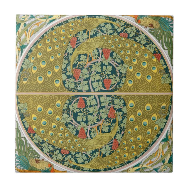 Peacock Art Nouveau Style round intricate design Ceramic Tile (Front)