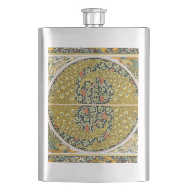 Peacock Art Nouveau Style round intricate design Flask (Front)
