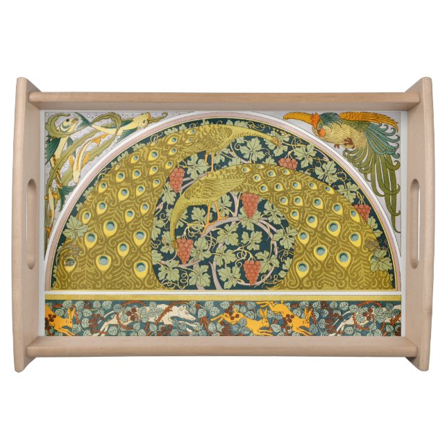 Peacock Art Nouveau Style round intricate design Serving Tray (Front)