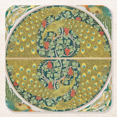 Peacock Art Nouveau Style round intricate design Square Paper Coaster