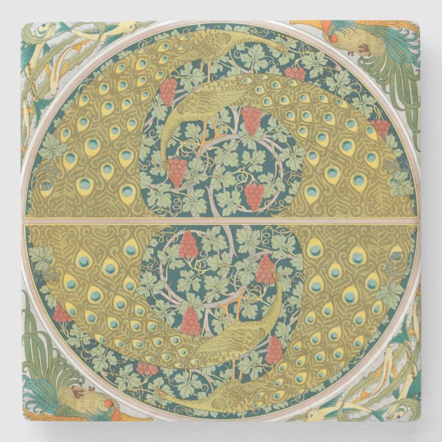 Peacock Art Nouveau Style round intricate design Stone Coaster (Front)
