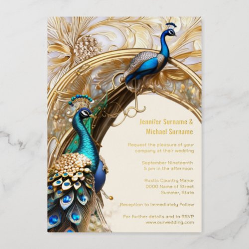 Peacock art nouveau vintage indian decorative chic foil invitation