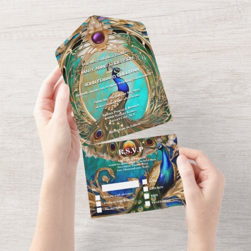 Peacock art nouveau vintage retro luxury all in one invitation