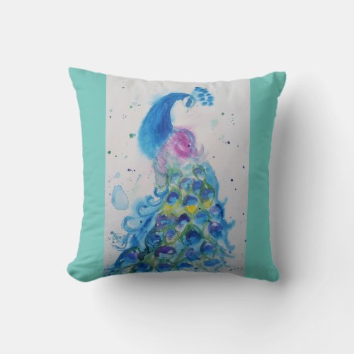 Peacock art Watercolour Painting Cushion Aqua mint