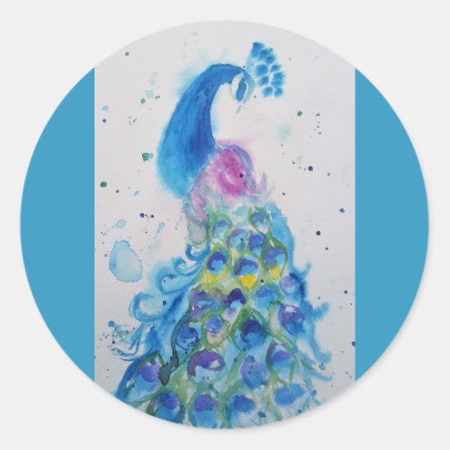 Peacock art Watercolour Painting Cushion Aqua Teal Classic Round Sticker