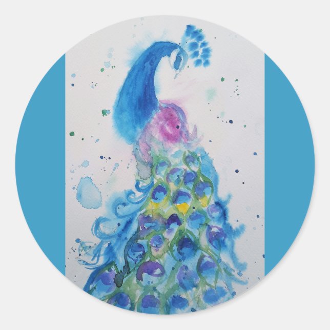 Peacock art Watercolour Painting Cushion Aqua Teal Classic Round Sticker (Front)