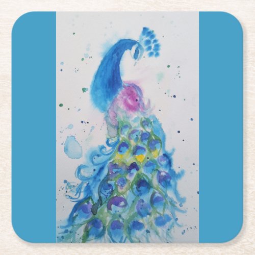 Peacock art Watercolour Painting Cushion Aqua Teal Square Paper Coaster