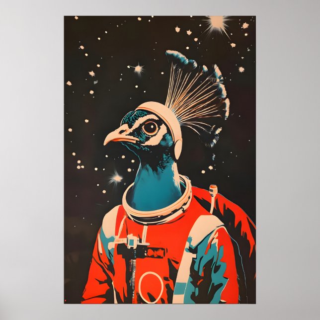 Peacock Astronaut Poster, Peacock Retro Print (Front)