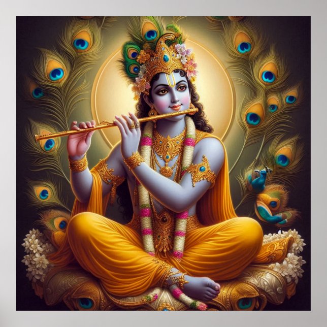 Peacock Aura Krishna Flute Divine Art Poster (Front)