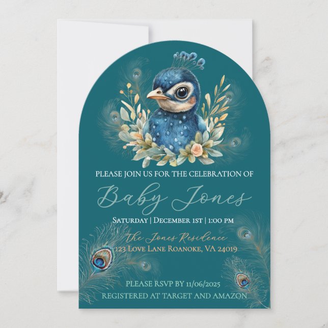 Peacock Baby Shower Invitation (Front)