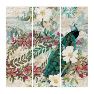 Peacock Beautiful Ephemera Triptych Wall Art