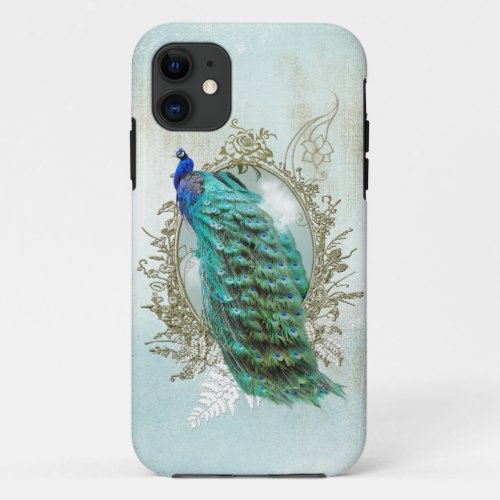 peacock beautiful turquoise vintage shabby bird iPhone 11 case
