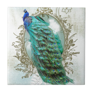 peacock beautiful turquoise vintage shabby bird tile