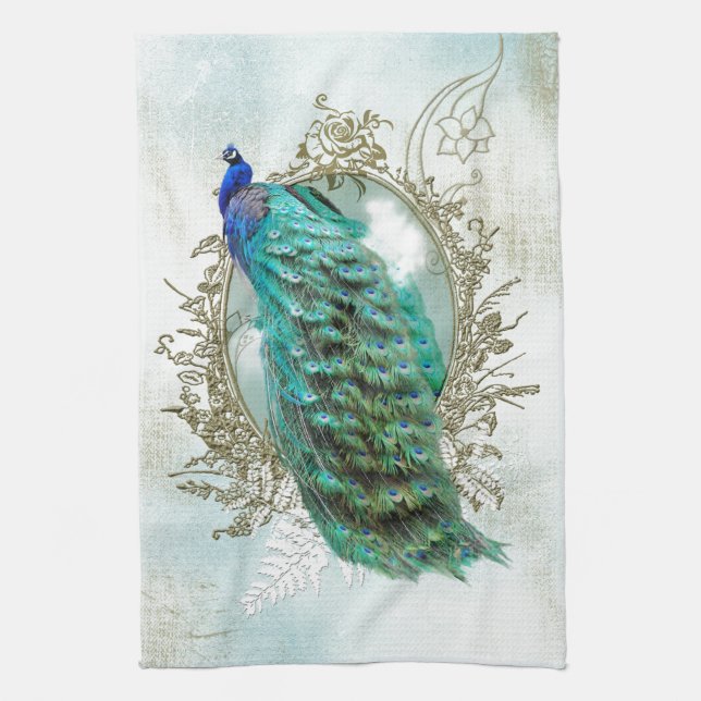 peacock beautiful turquoise vintage shabby bird towel (Vertical)