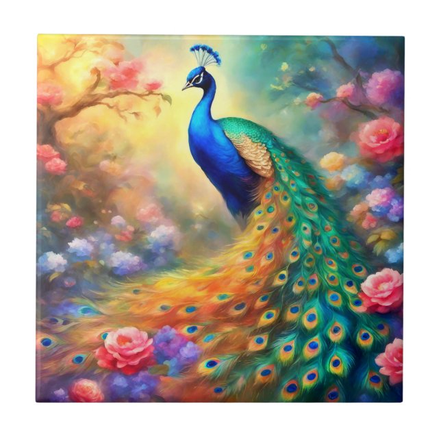 Peacock Bird 100 with flowers Ceramic Tile (Front)