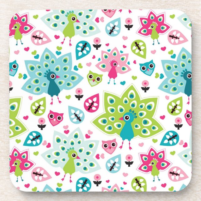peacock bird and owl drink coaster (Front)
