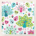 peacock bird and owl glass coaster