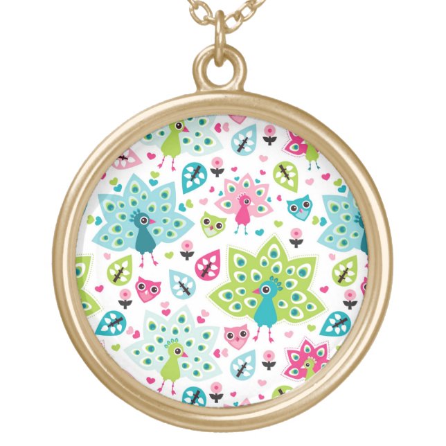 peacock bird and owl gold plated necklace (Front)