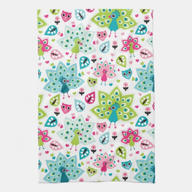 peacock bird and owl kitchen towel (Vertical)