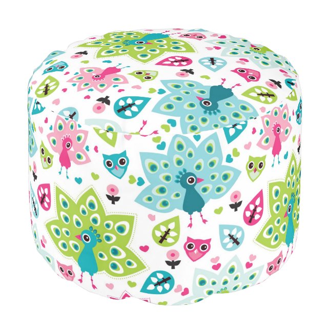 peacock bird and owl pouf (Angled Front)