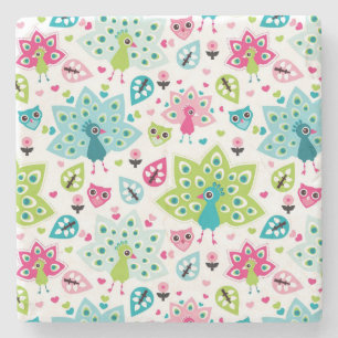 peacock bird and owl stone coaster