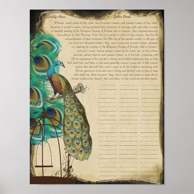 Peacock Bird Cage Print Quaker Wedding Certificate (Front)