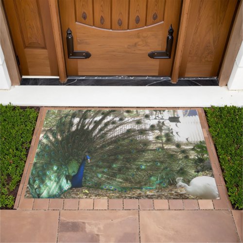 Peacock Bird Colorful and Albino Peahen Photograph Doormat