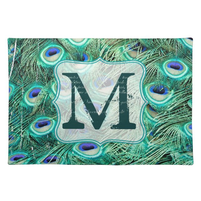 Peacock Bird Feather Monogram Initial Place Mat (Front)
