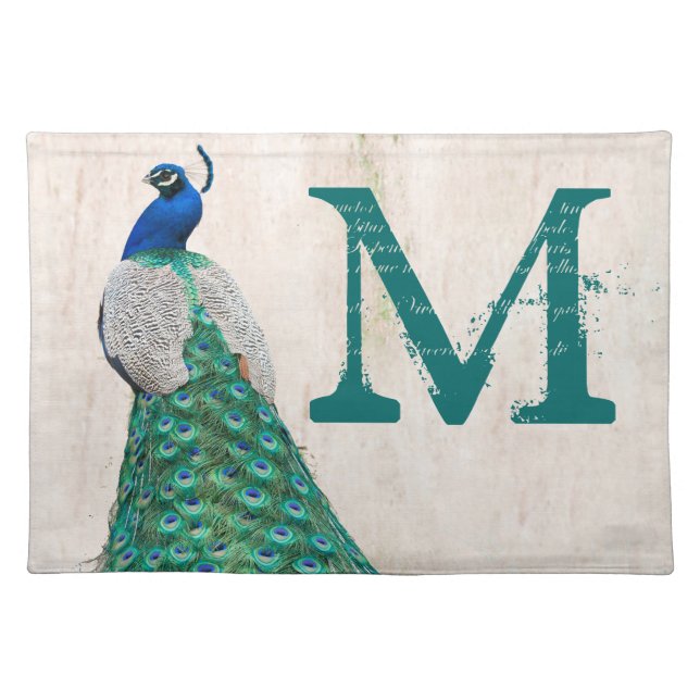 Peacock Bird Feather Monogram Initial Place Mat (Front)