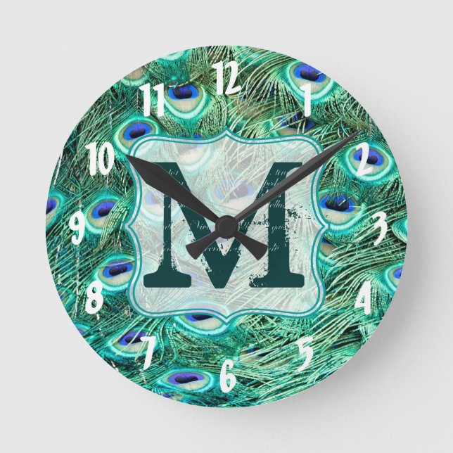 Peacock Bird Feather Monogram Initial Wall Clock (Front)