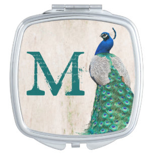 Peacock Bird Feather Teal Monogram Compact Mirror