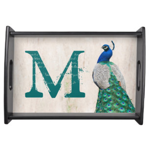 Peacock Bird Feather Teal Monogram Serving Tray