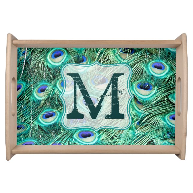 Peacock Bird Feather Teal Monogram Serving Tray (Front)