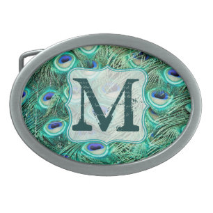 Peacock Bird Feather Teal Tur Monogram Belt Buckle